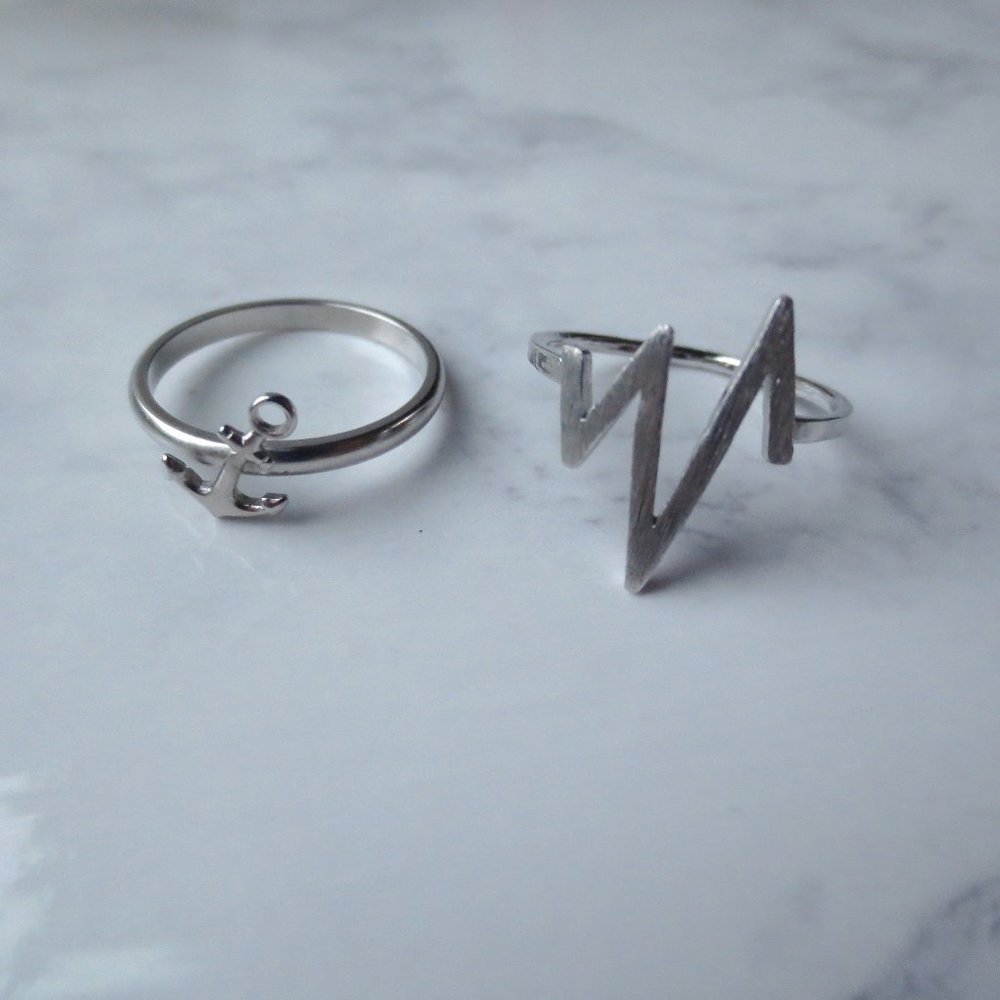 Set of Two Silver Rings with Anchor and Graph Angles - Picture 2 of 3